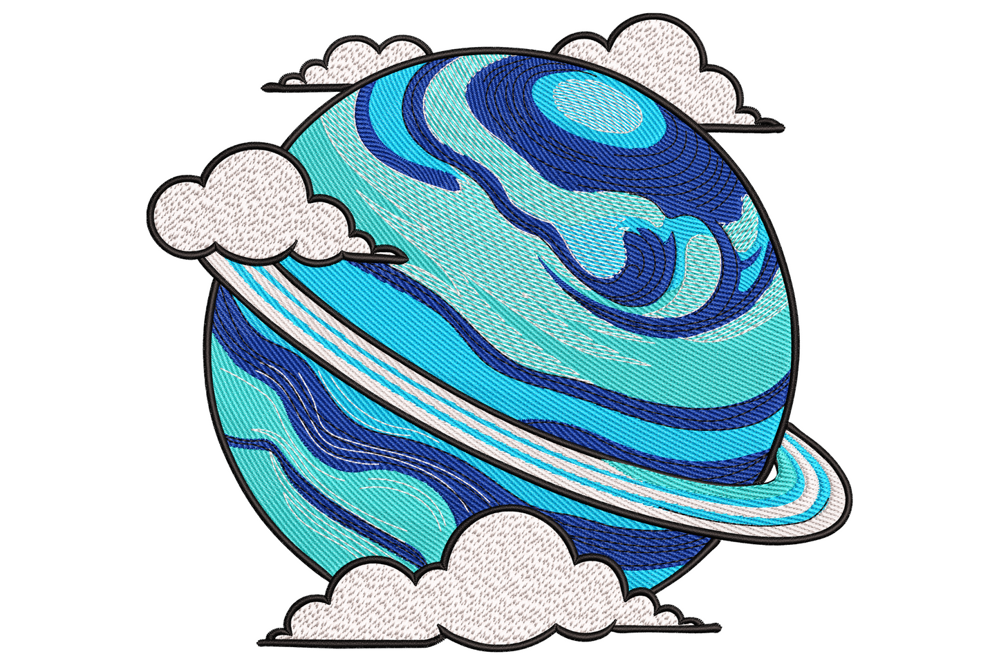 Blue planet with clouds embroidery design showing deep navy oceans, white swirling cloud bands and a soft grey shadow edge.