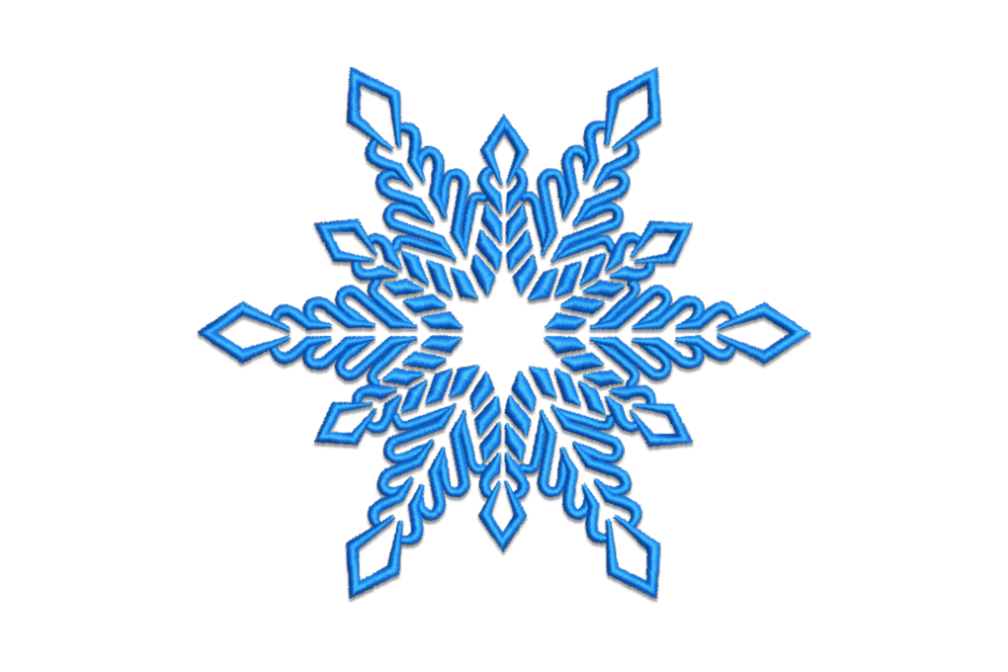 Royal blue eight-pointed snowflake embroidery with curving filled arms, scroll details and open star centre