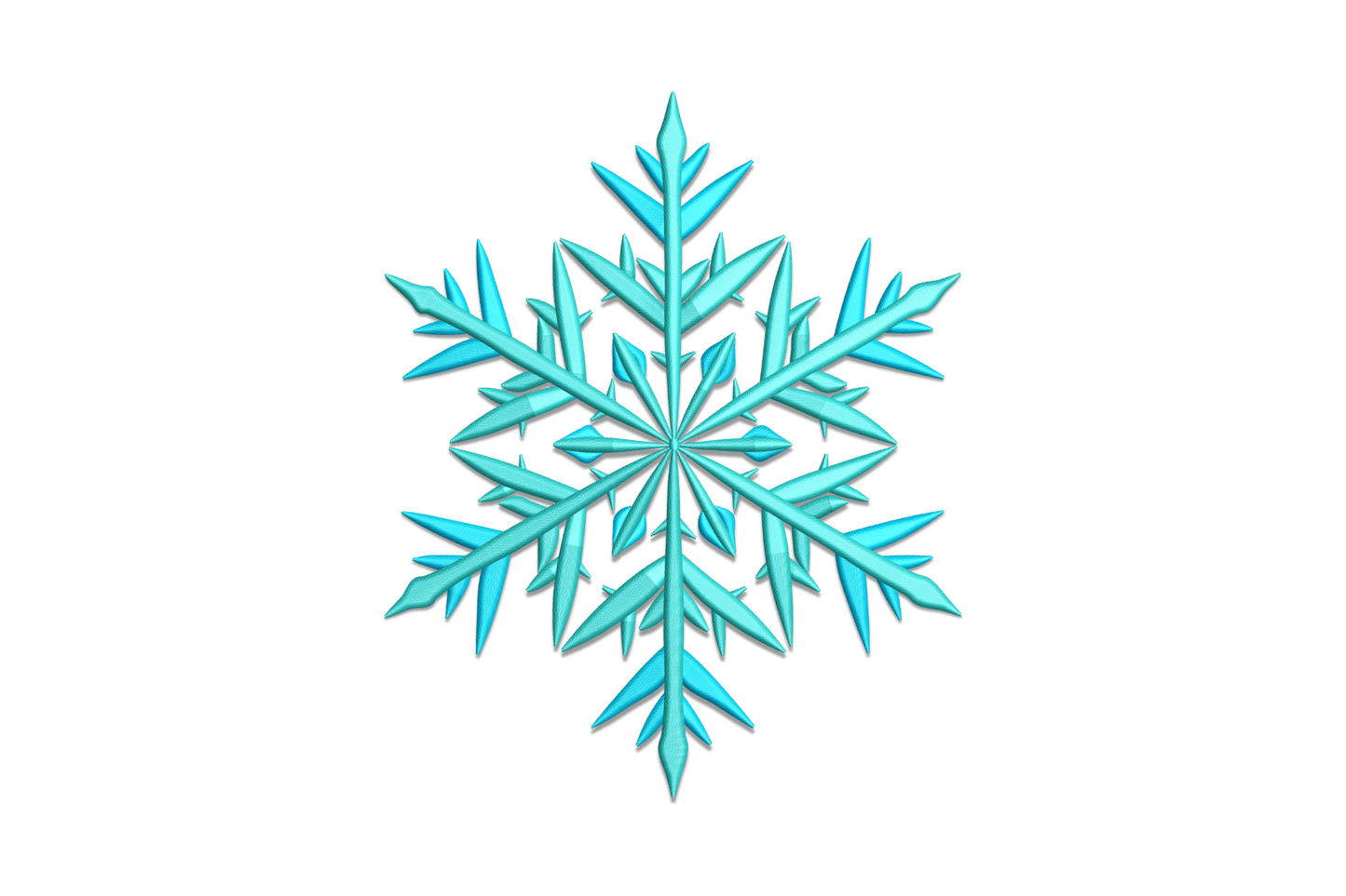 Blue snowflake embroidery set with six symmetrical arms, lacy branch tips and open centre in ice blue and white thread.