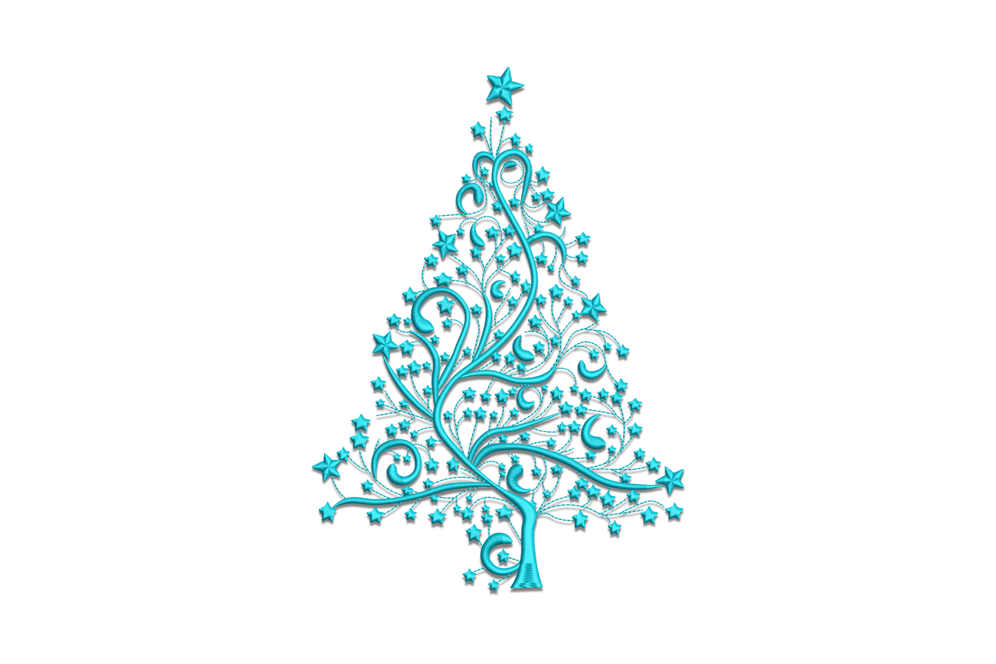 Blue and teal Christmas tree embroidery design with swirling branches and scattered five-pointed stars, single thread color