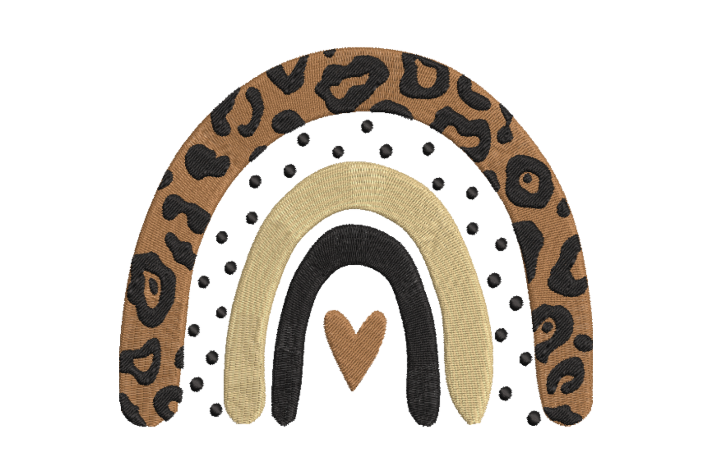 Boho animal print rainbow embroidery with leopard outer band, tan satin middle, charcoal inner arch and heart base, 3 colours.