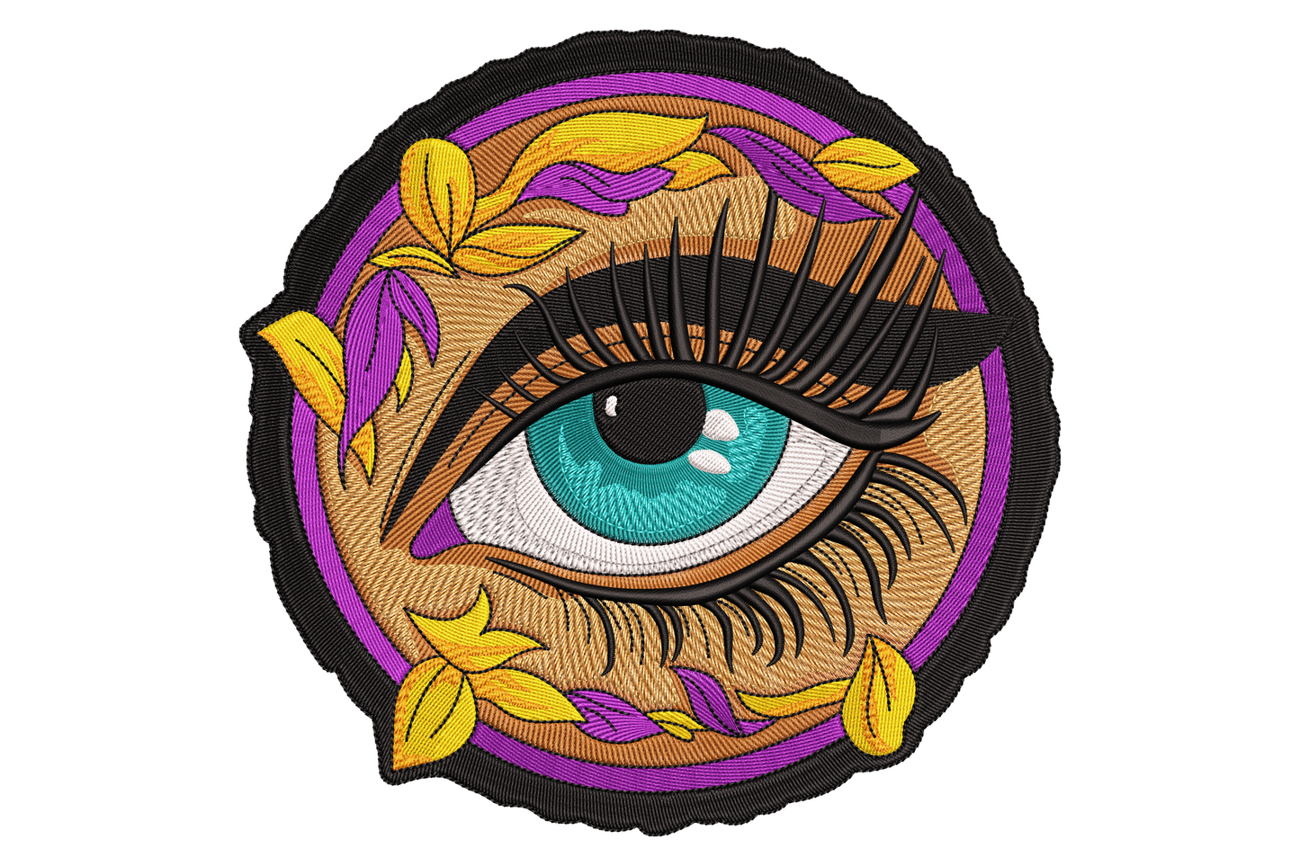Boho evil eye machine embroidery design, ten colours cobalt turquoise teal gold terracotta, circular layered rings with ornamental drops on white background.