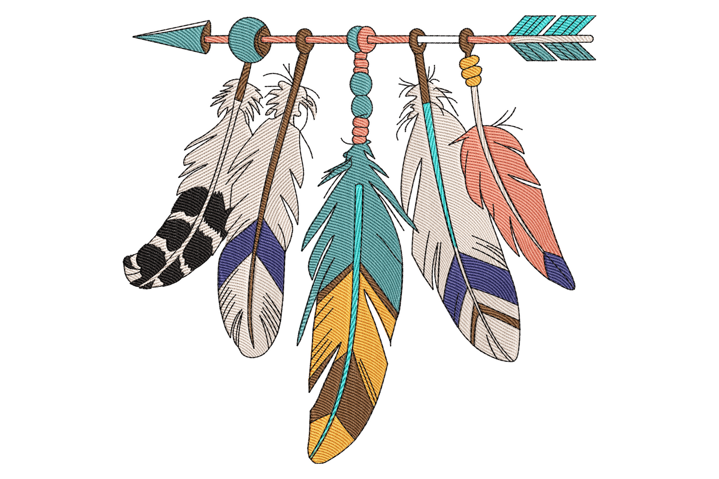 Boho feather arrow embroidery with 5 hanging feathers in teal, coral, navy, cream and gold on a satin column arrow shaft.