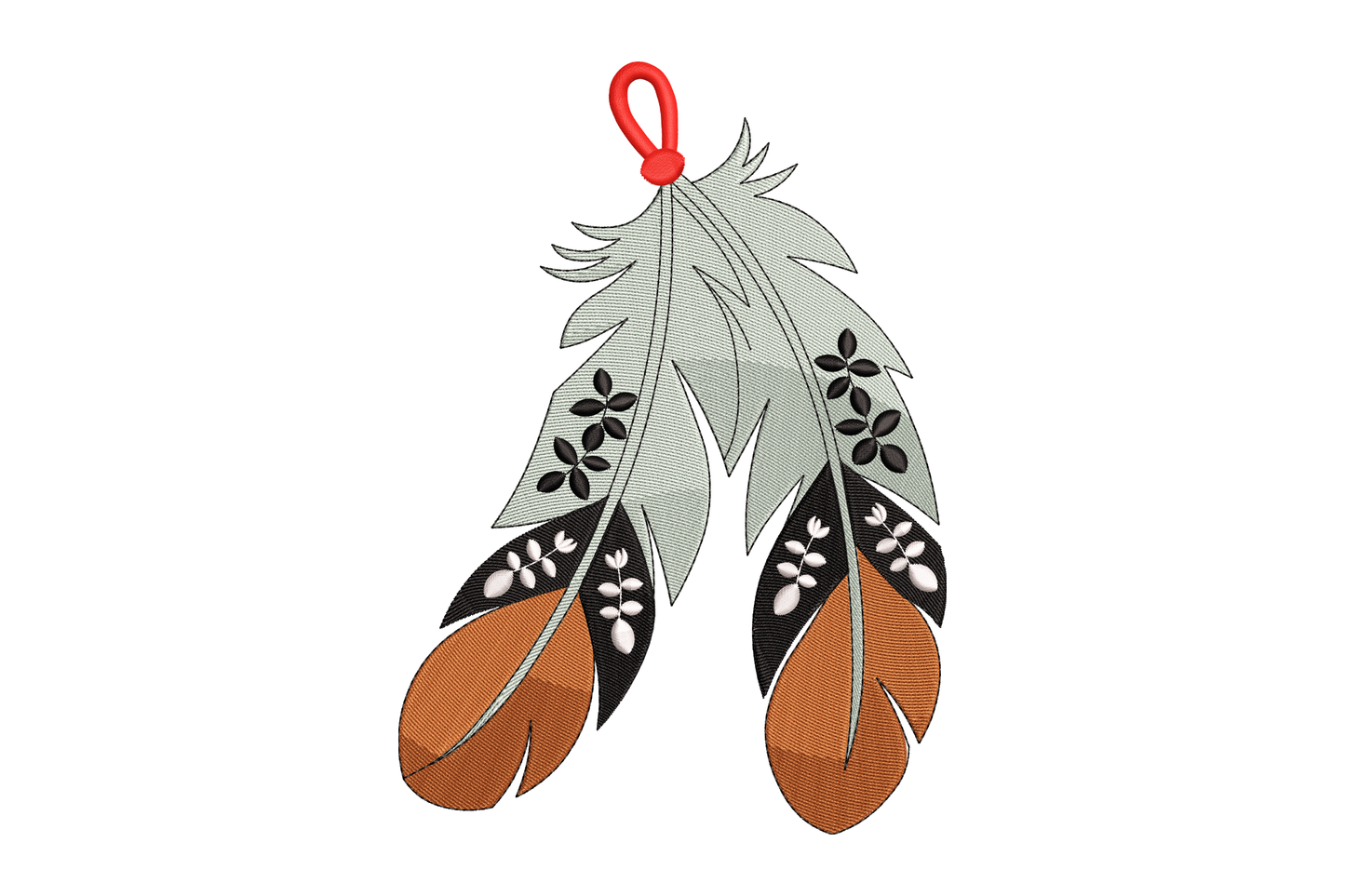 Decorative feather ornament with floral patterns on a white background