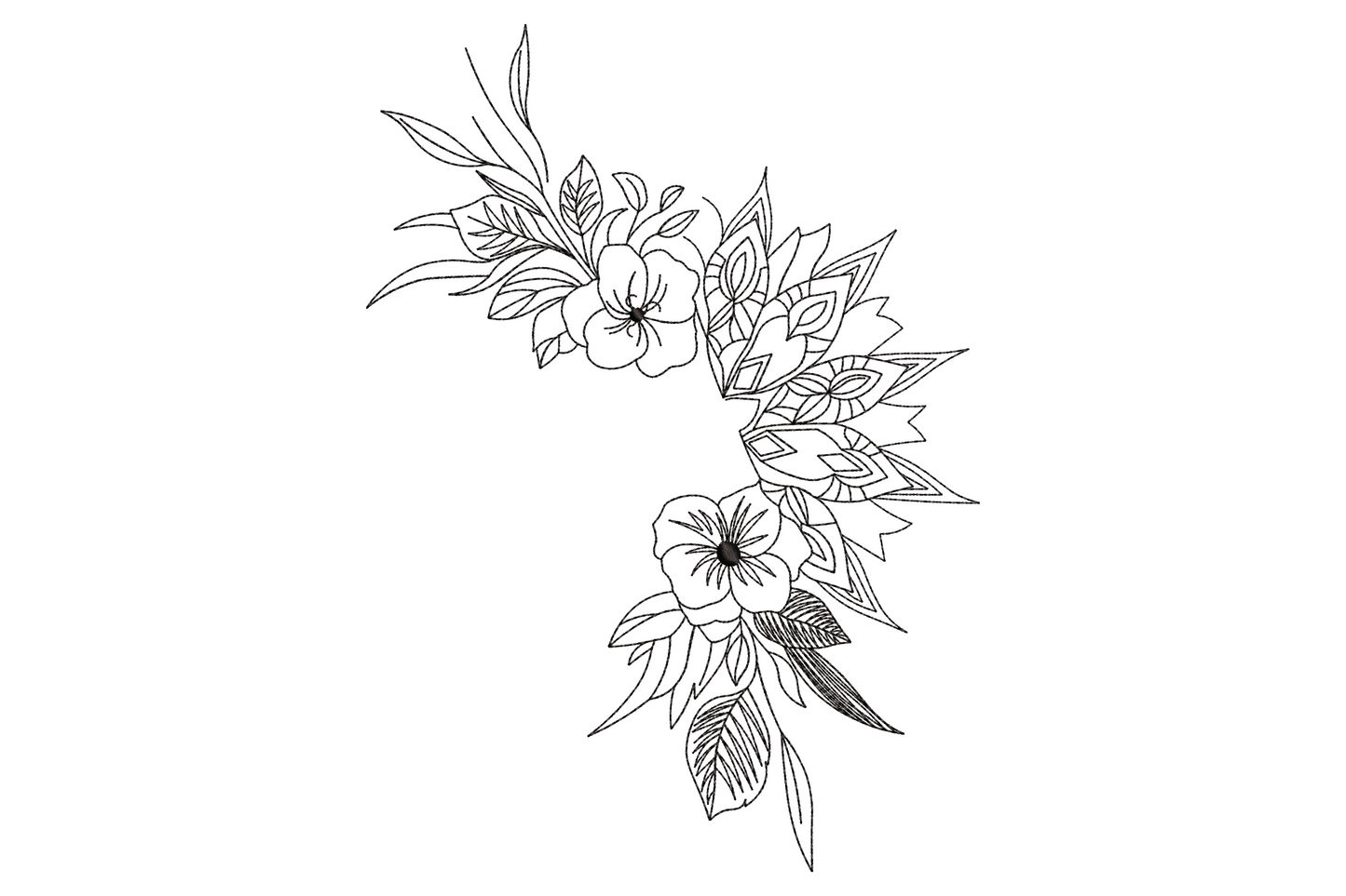 Boho floral half mandala embroidery design, curved crescent arc of flowers, geometric mandala fans and hanging feather in black outline, no fill.