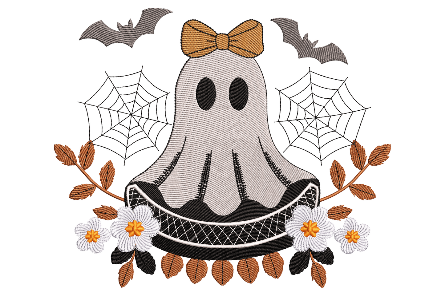 Boho ghost embroidery design surrounded by a wreath of wildflowers in burnt orange, sage green, mauve and ivory, on white background.
