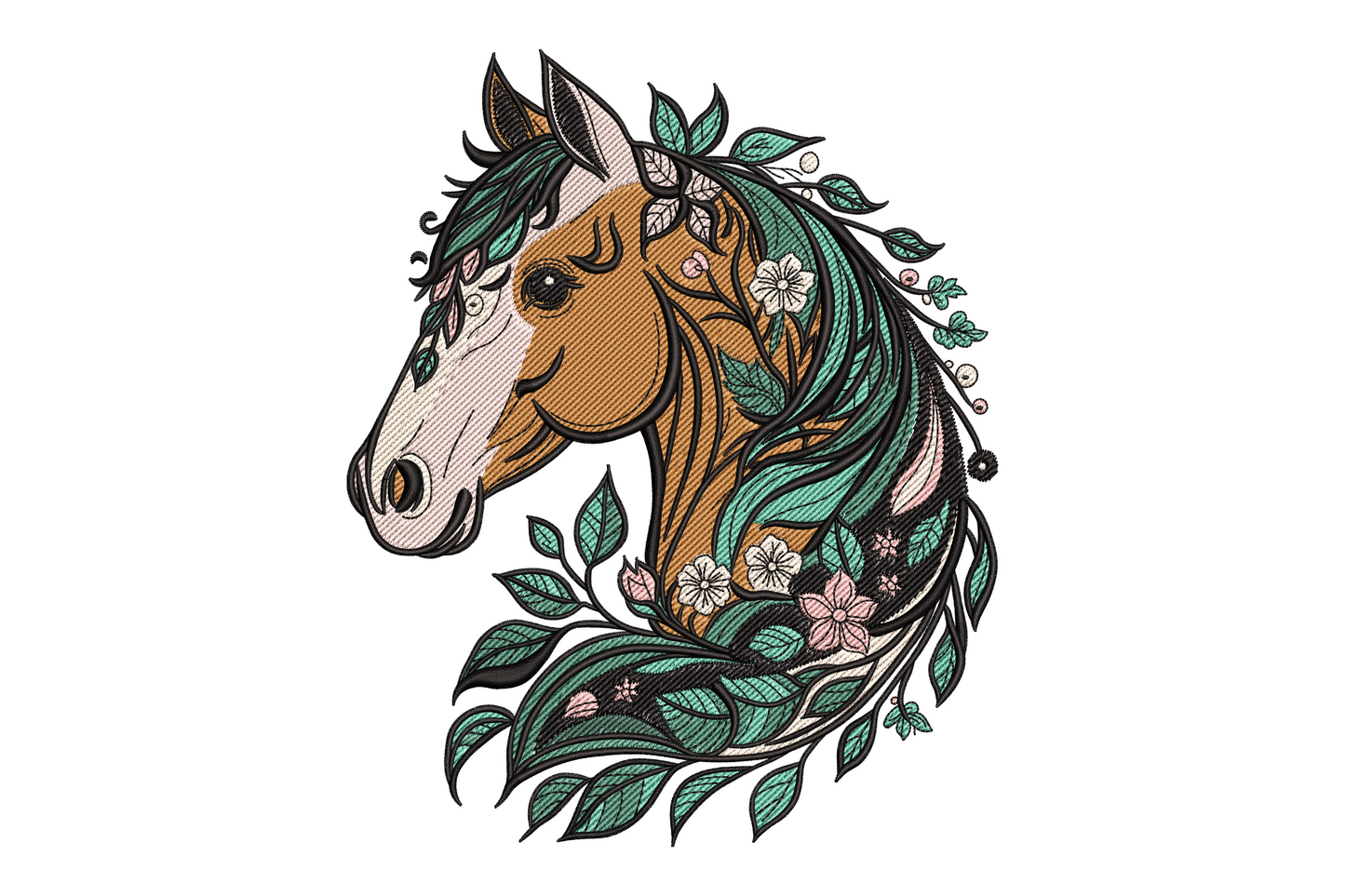 Boho horse head embroidery design with teal floral mane of dark leaves, pink blossoms and cream blaze on warm tan face.