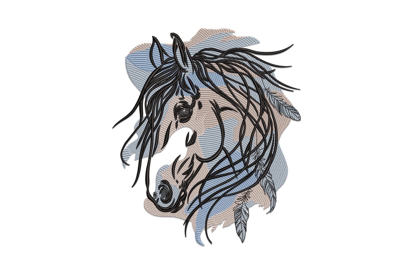 Boho horse head portrait with flowing decorative feathers embroidery design in earthy tan and terracotta tones on cream canvas