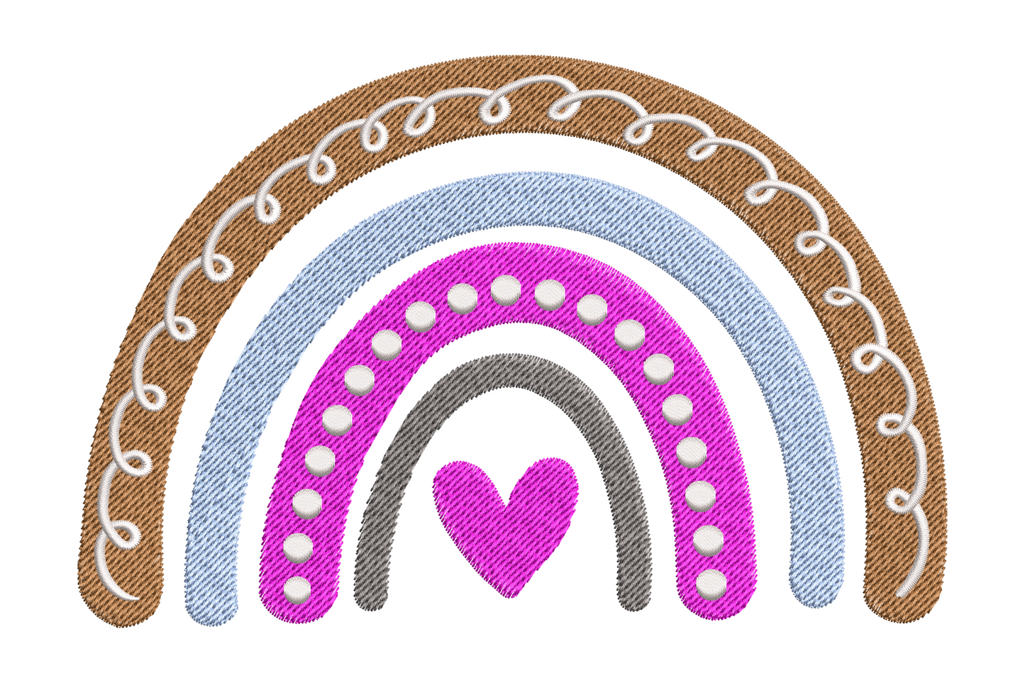 Boho rainbow with heart machine embroidery, muted terracotta sage blush cream and mauve arc with small heart