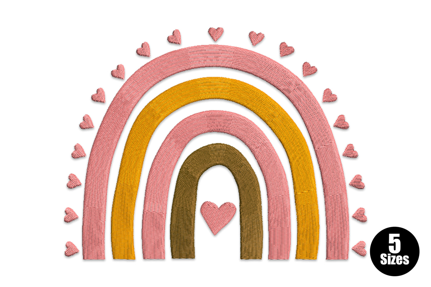 Boho rainbow with hearts machine embroidery design in earthy terracotta rust and sage tones, 5 sizes 7654 to 27184 stitches for bohemian home and fashion projects