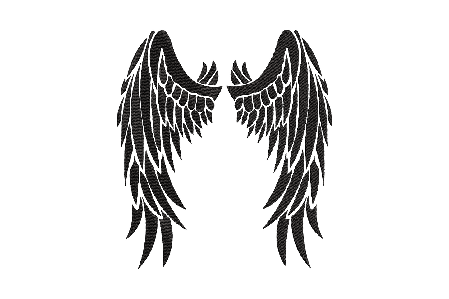 Bold angel wings silhouette embroidery design, solid black fill with white feather row cutouts, dramatic spreading pair