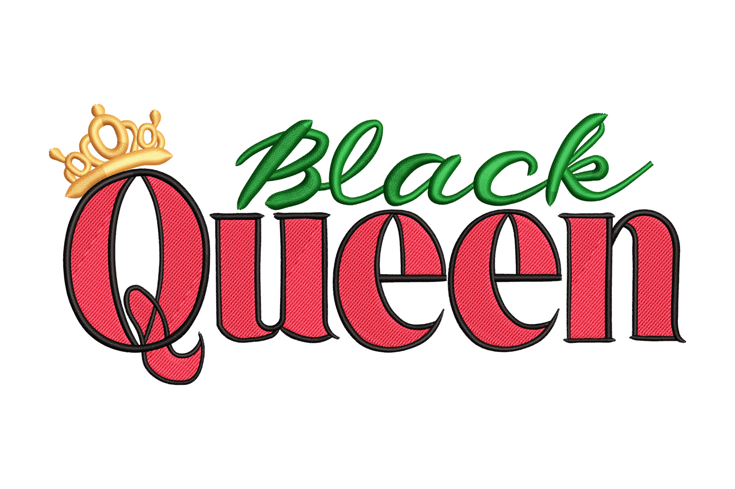 Bold Black Queen satin text embroidery design with crown, wide banner layout, 5 sizes 3.5-7.5 inches, 4 colours