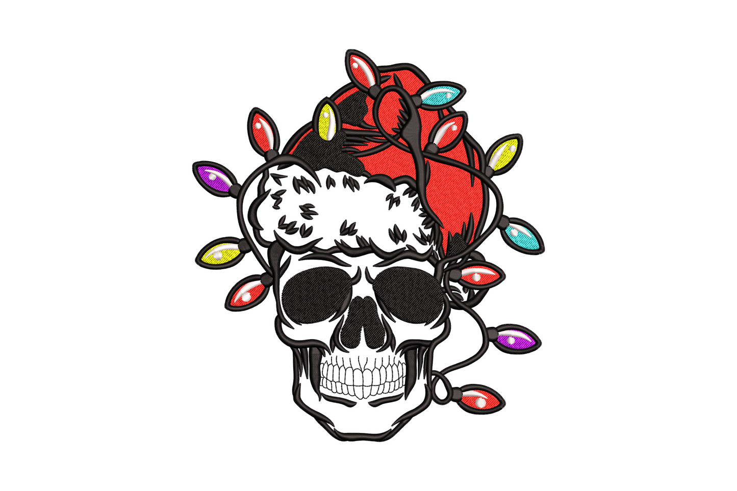 Bold Christmas skull embroidery design with colorful Christmas lights and red rose, gothic holiday style, 6 colors