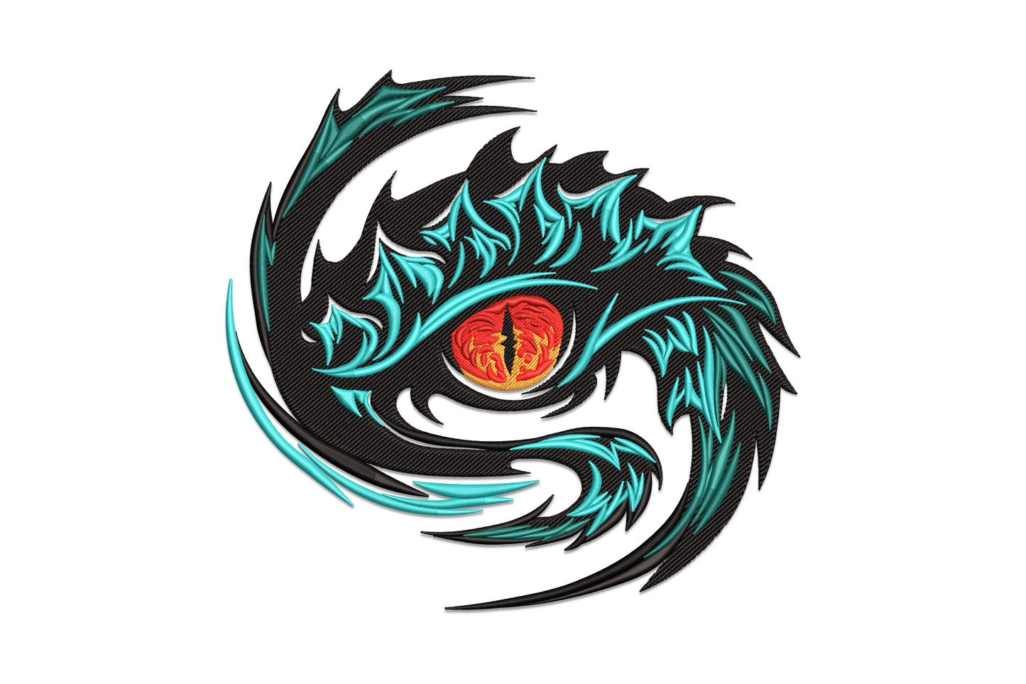 Bold dragon eye embroidery with teal aqua spiked scale ring, fiery red-orange iris, black slit pupil, circular fantasy design in 6 colours.