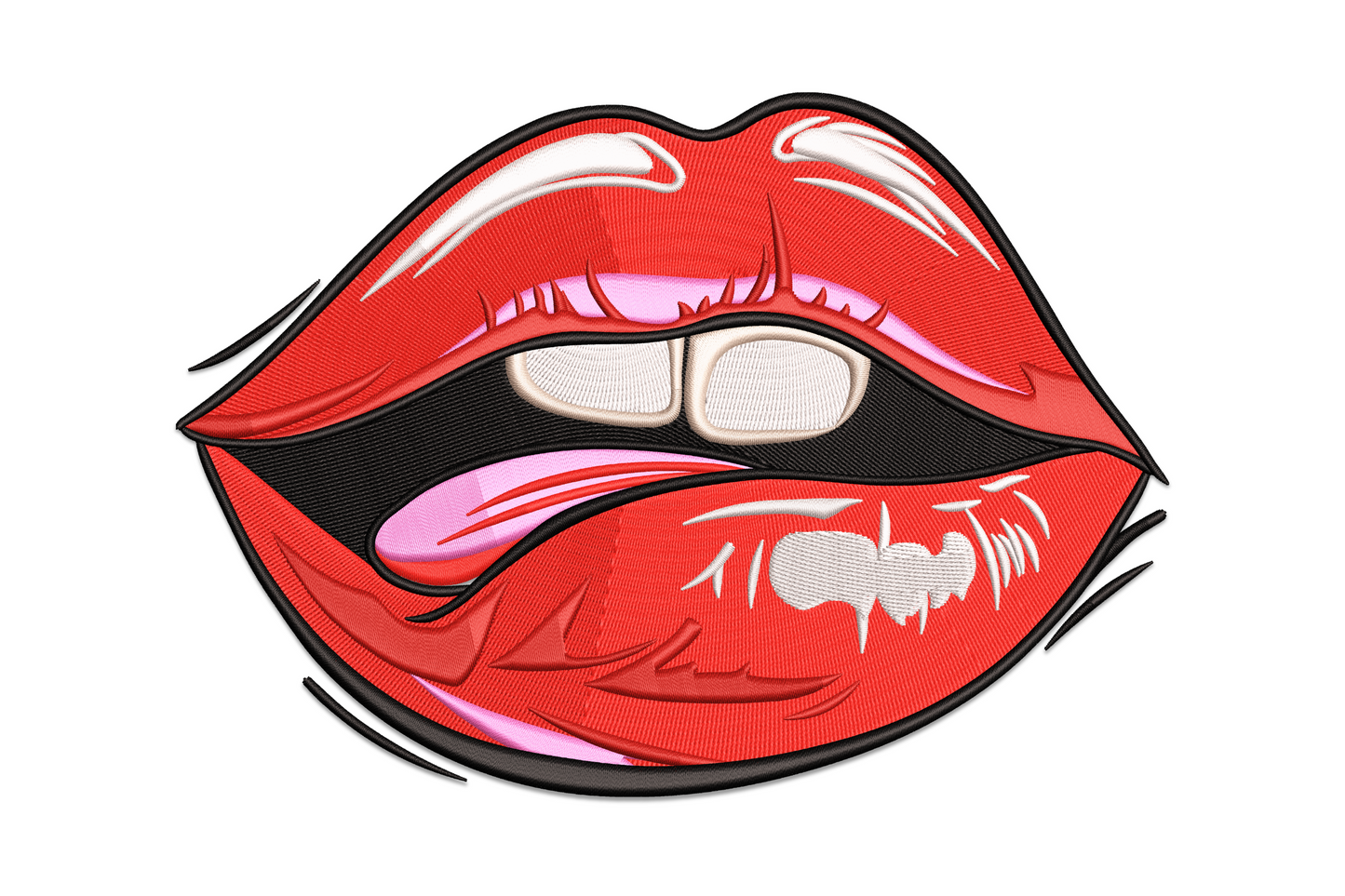 Bold red lips embroidery, parted mouth with pink tongue, gloss highlights and dark red shading, pop-art beauty 6 colours.