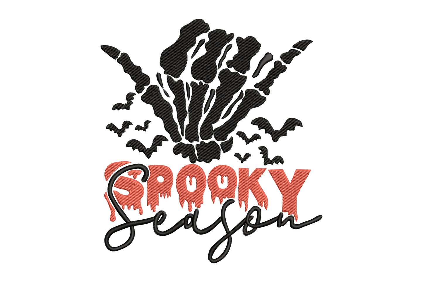 Bold Spooky Season embroidery design showing a skeleton hand with bats, red drip SPOOKY lettering and black cursive script, 2 colours, 6 sizes