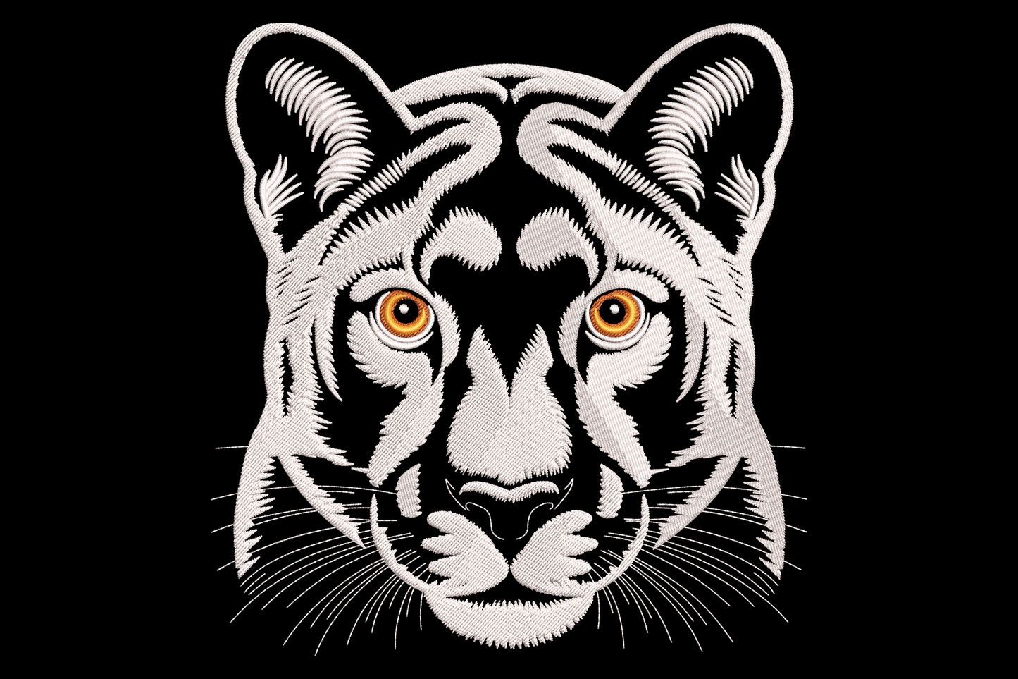Bold tiger face embroidery design in white fur with black stripes and amber-gold eyes on dark background.