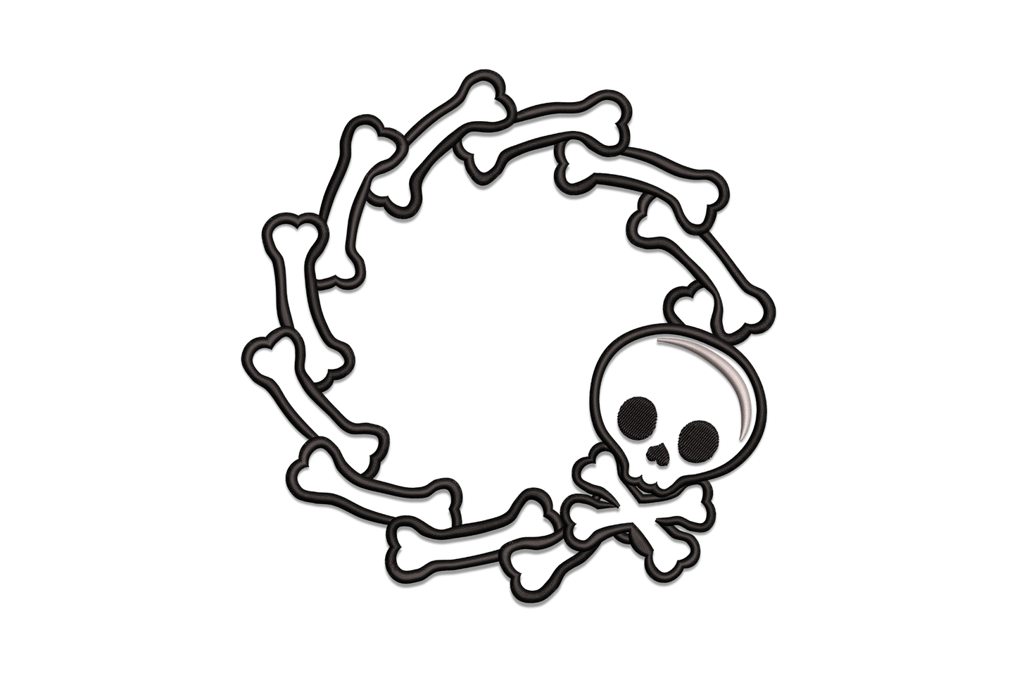 Bones wreath skull embroidery, bone ring wreath with small cartoon skull at lower right, black outline on white.