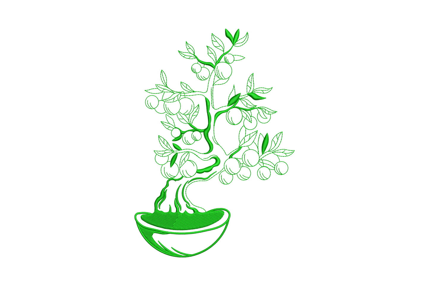 Outline-style bonsai fruit tree embroidery with twisting trunk, hanging berries and shallow pot in single green line work.