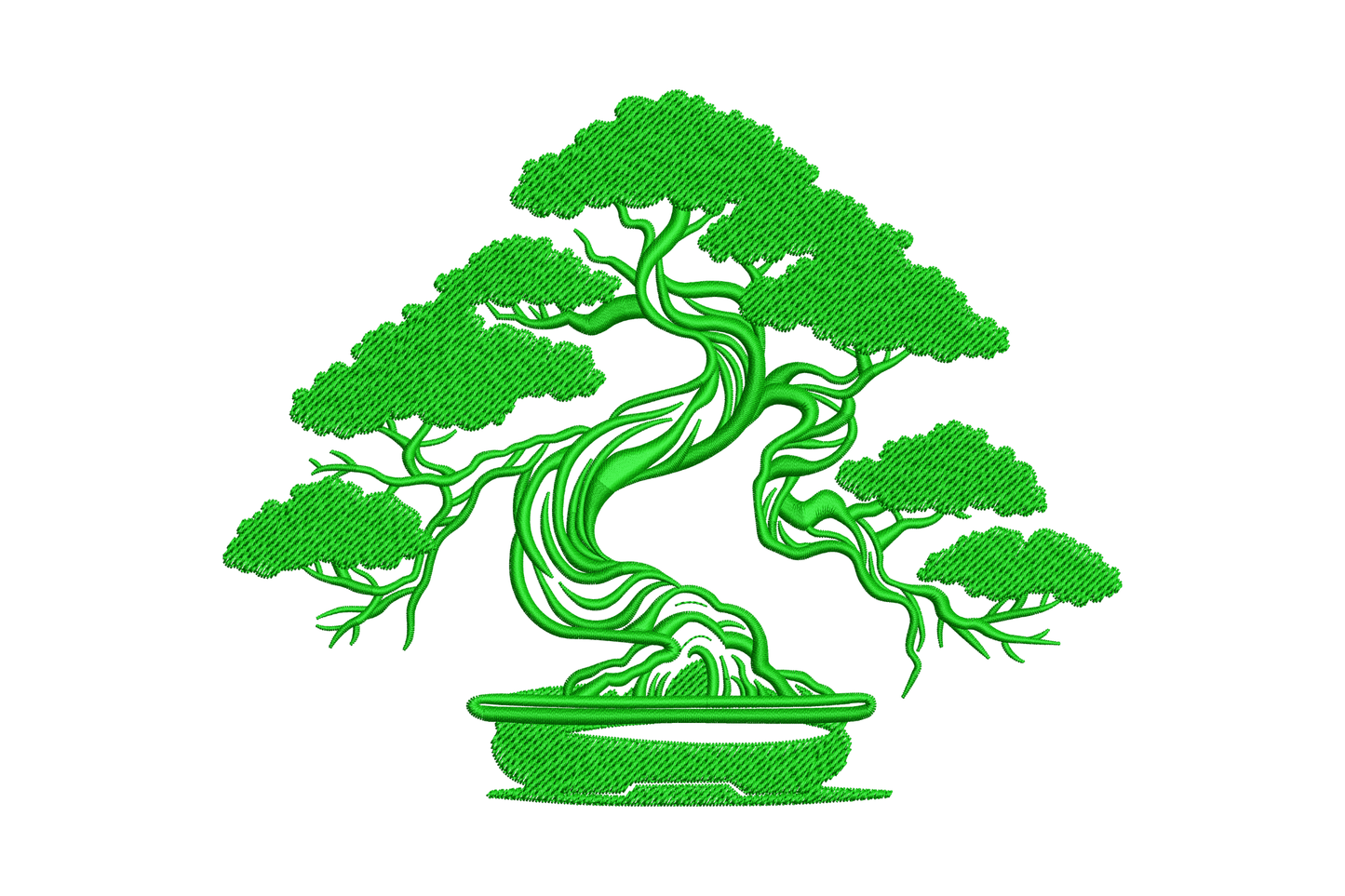 Bonsai tree embroidery with gnarled twisting trunk and three dense leaf canopies in shallow pot, single emerald green colour.
