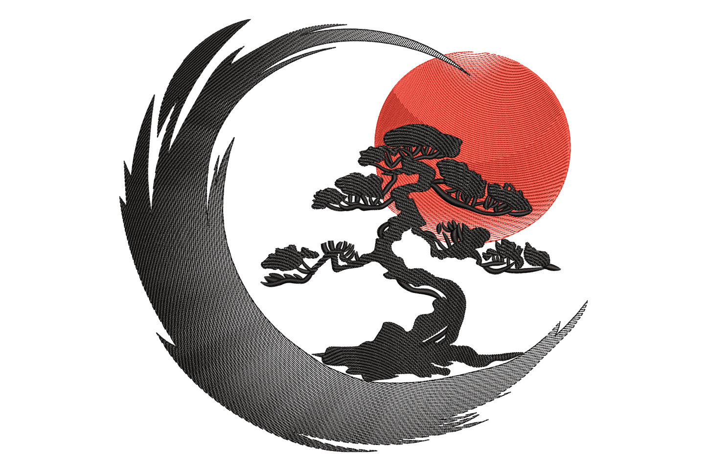 Minimalist bonsai tree embroidery design inside a black enso brushstroke ring with a vivid red rising sun behind the canopy.