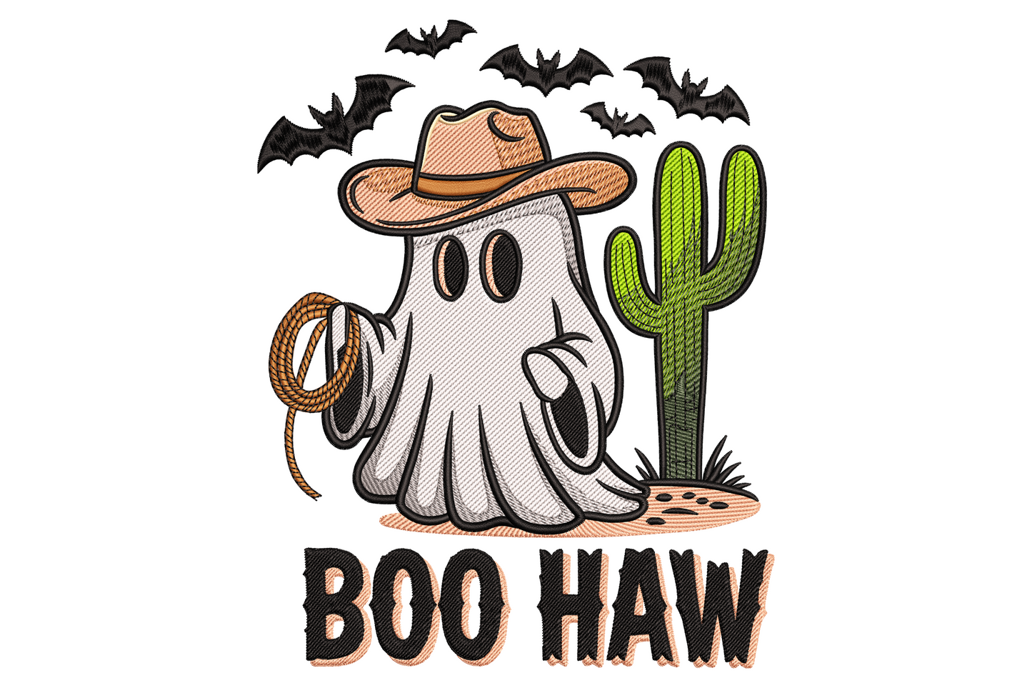 Western halloween ghost wearing peach pink cowboy hat holding lasso with green cactus, bats and BOO HAW black lettering embroidery design