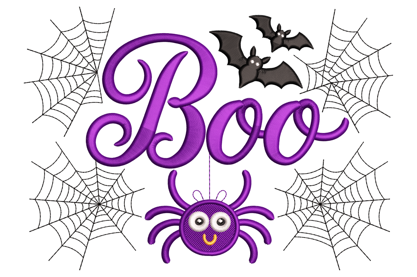 Boo Spider Halloween machine embroidery design, bold BOO text with cartoon spider on letter O, four colours black orange cream, landscape 3.5 by 2.51 inches, cute spooky word art.