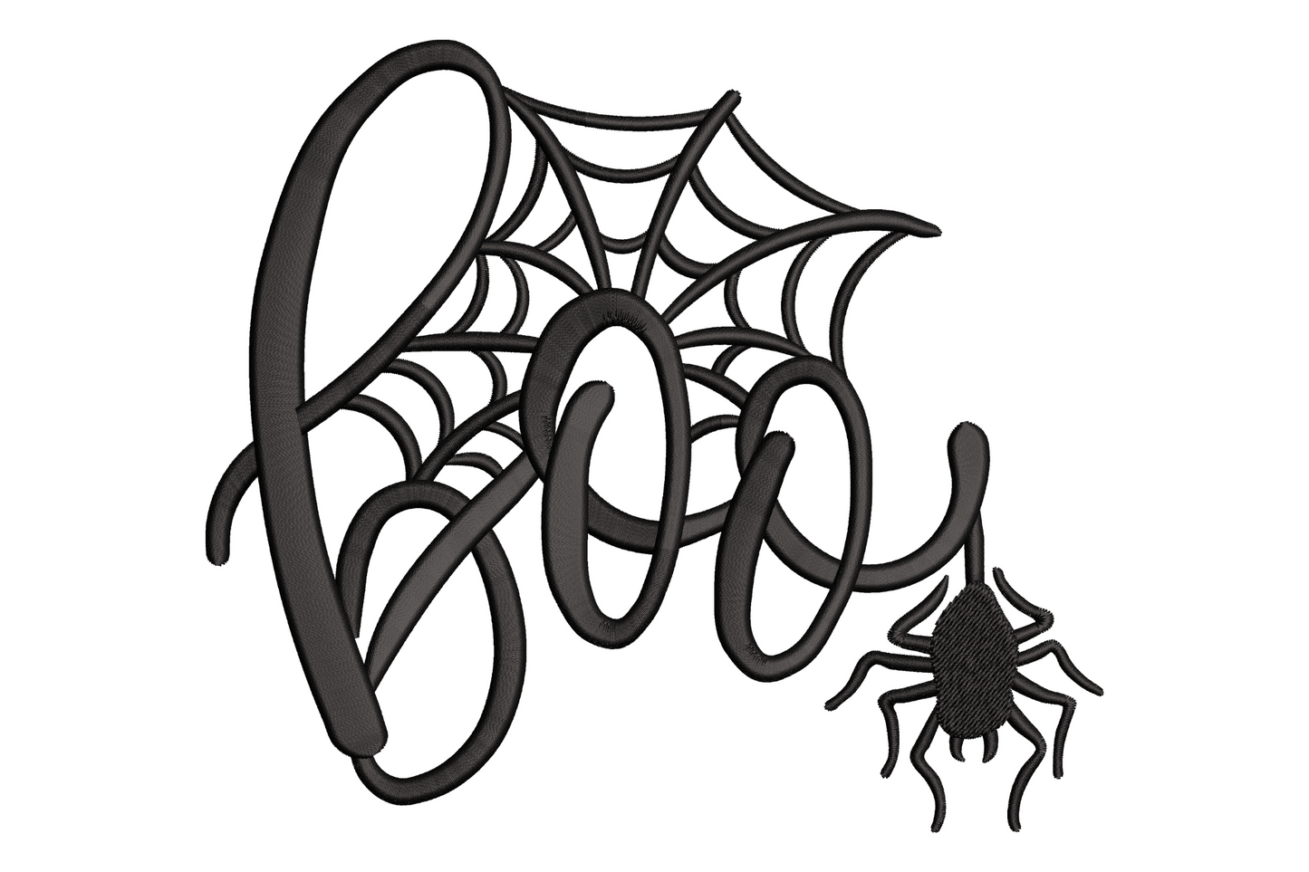 Boo script lettering halloween embroidery with corner spider web and dangling spider in dark thread, 6 sizes from 2.2 to 6.6 inches wide