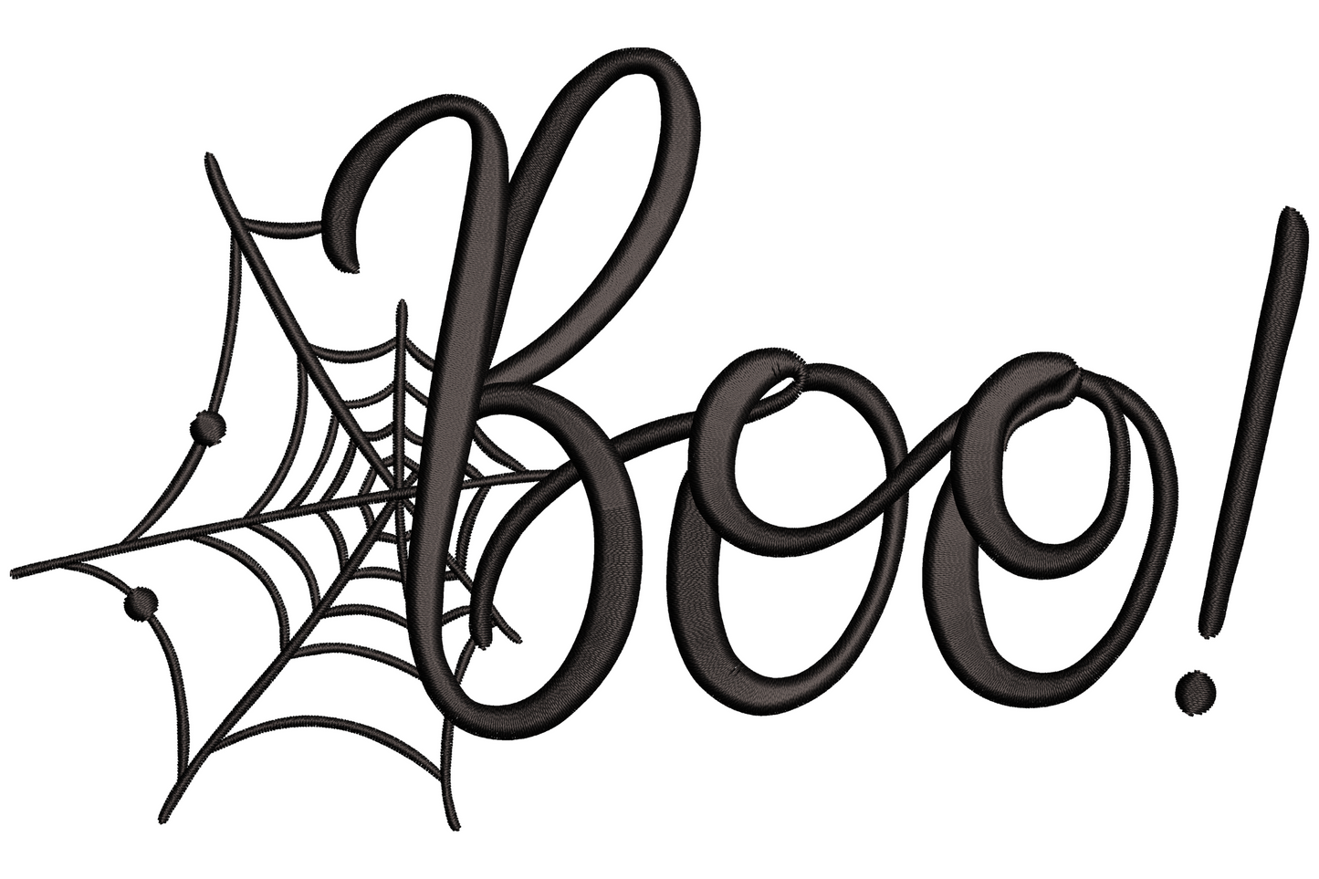 Boo halloween embroidery in single-colour black cursive script with a tangled spider web and a tiny dangling spider.
