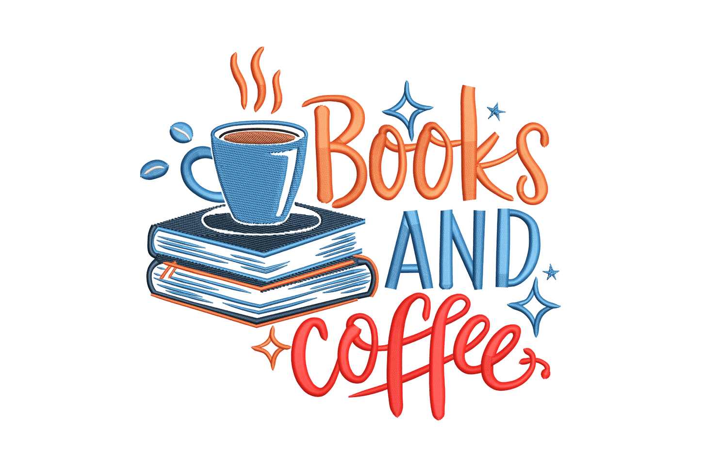 Books and coffee embroidery design with stacked book spines and steaming mug in 7 colours on white fabric, flat graphic style