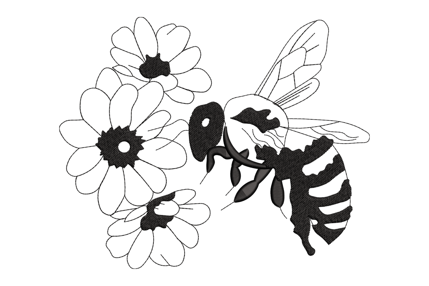 Botanical bee and flower line art embroidery with bee on two overlapping daisy flowers in single black thread