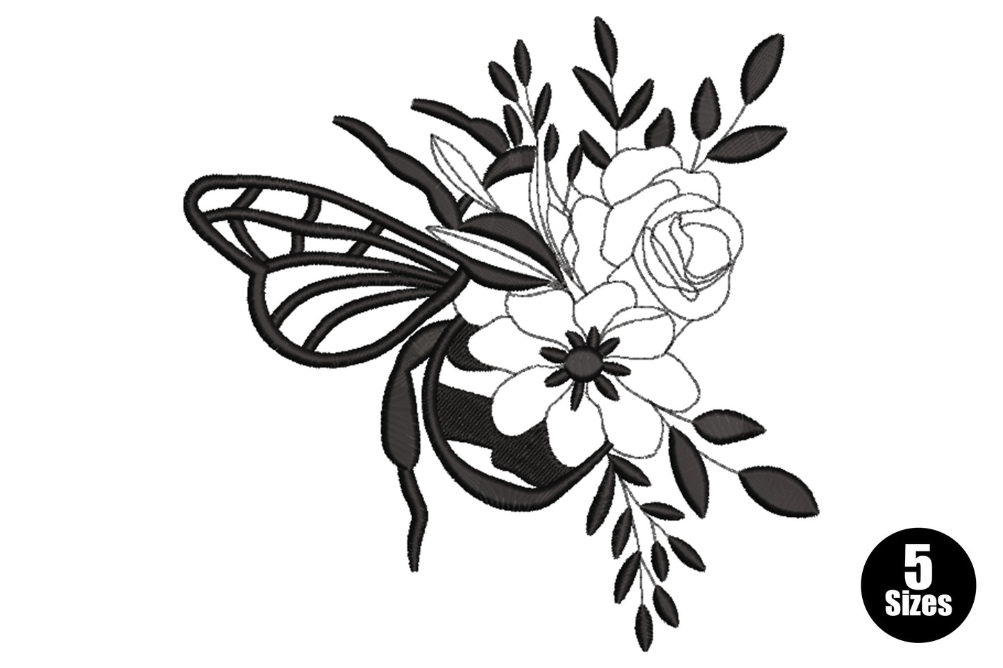 Botanical bee embroidery design with solid-filled body, latticed wings, a full rose, open daisy and leaf sprigs in single black thread.