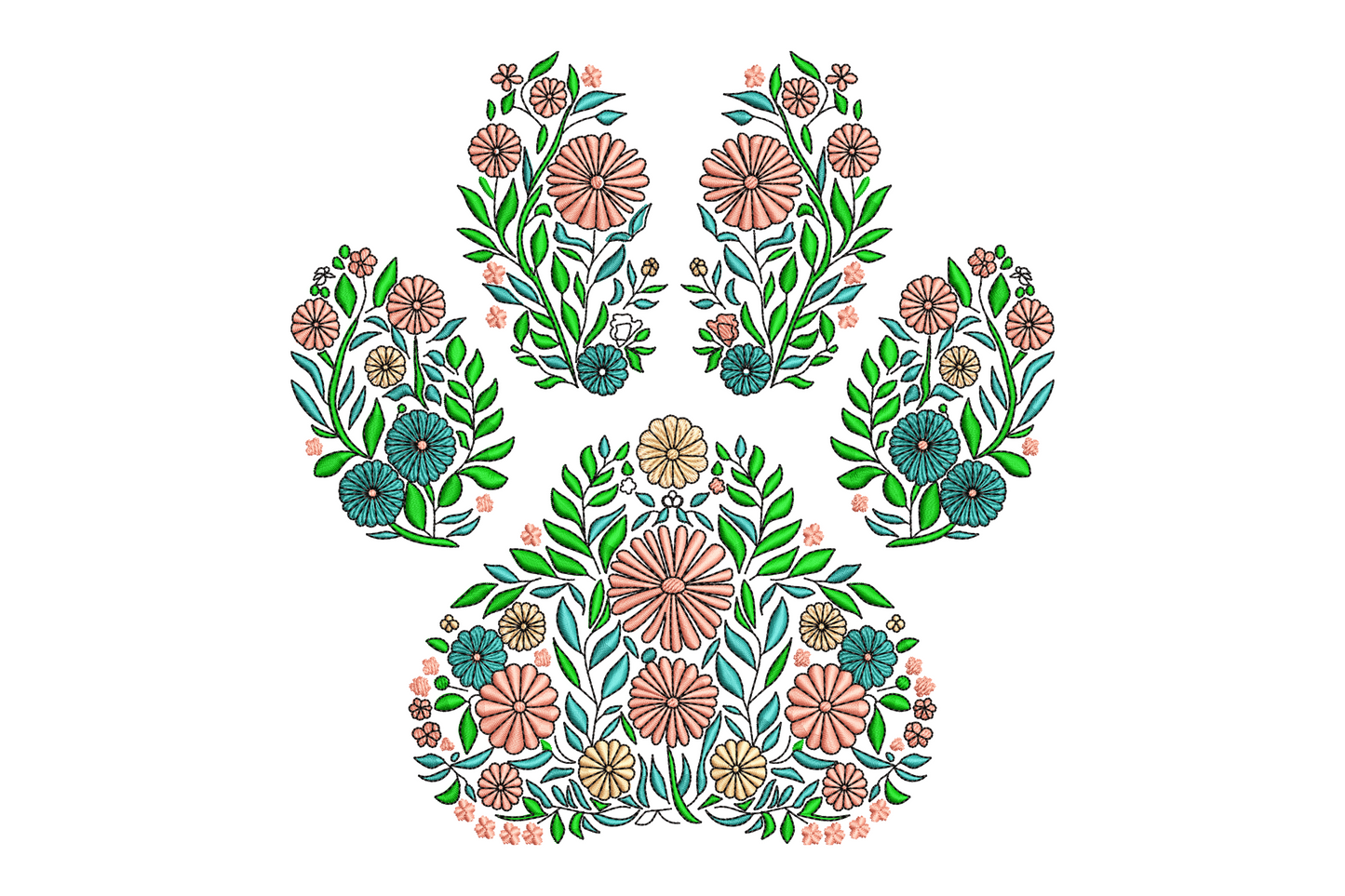 Botanical dog paw embroidery design filled with daisies, sage leaves and teal flowers in soft pink, green and peach tones.