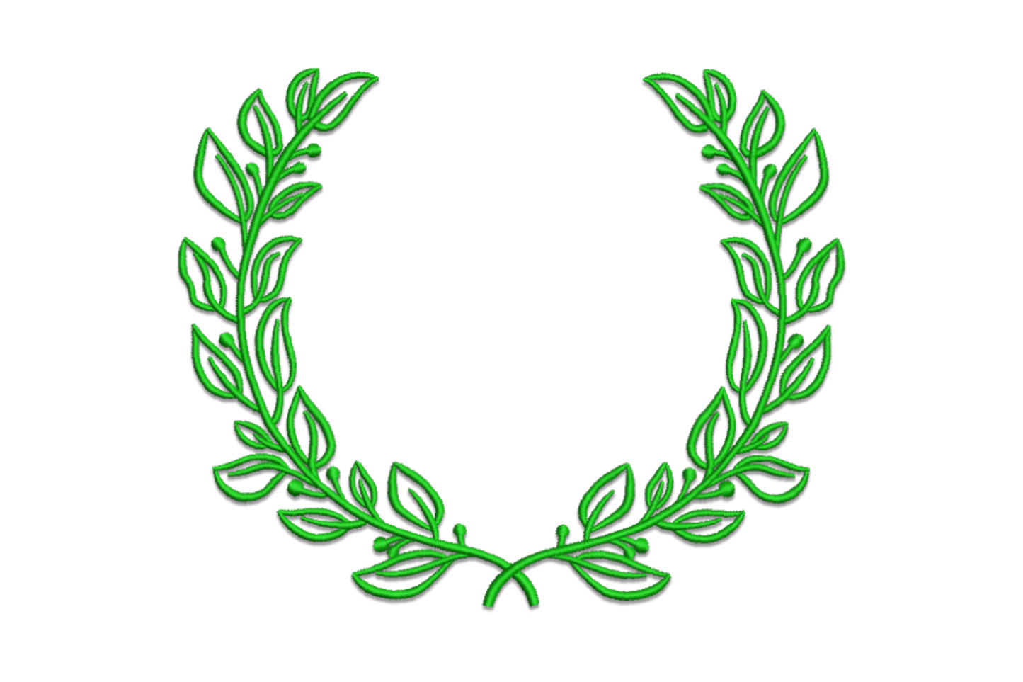 Botanical leaf frame embroidery, outlined dark green leaves with berry dots forming closed oval wreath in herbarium style.