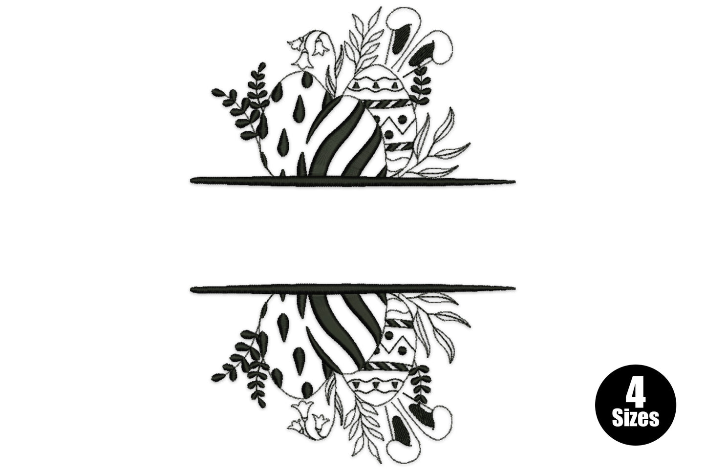 Botanical split-frame embroidery design with two decorated eggs and delicate foliage sprigs mirrored across a horizontal rule in black.