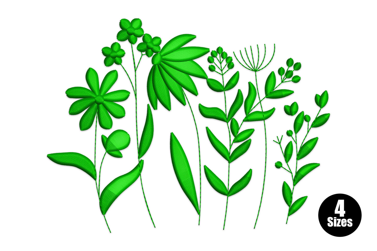 Botanical wildflower silhouette machine embroidery design in dark green showing daisies, compound leaves, umbellifera and berry stems in a loose natural cluster