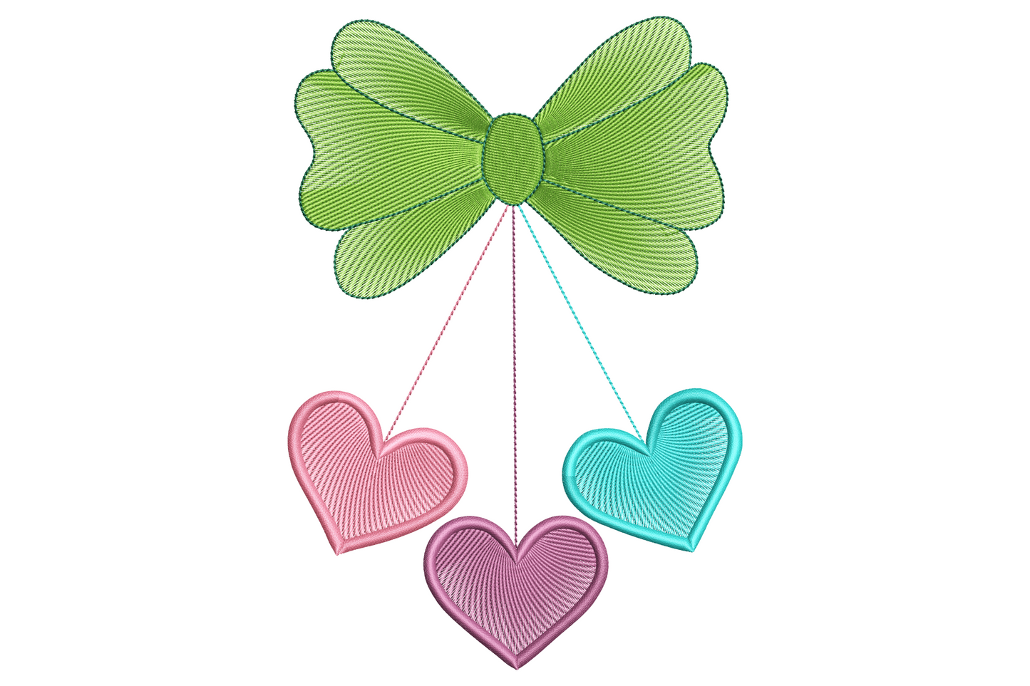 Bow with hanging hearts embroidery showing deep red ribbon bow, two thin tails and soft pink dangling hearts.
