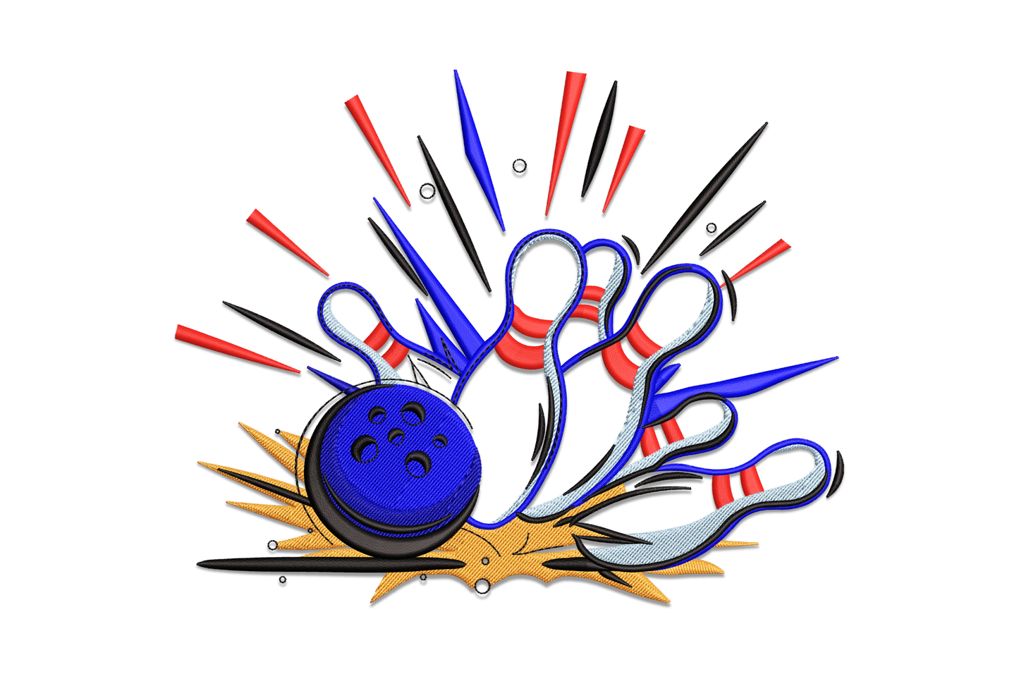 Bowling strike embroidery showing a blue ball scattering white red-striped pins with a gold starburst and black motion lines.