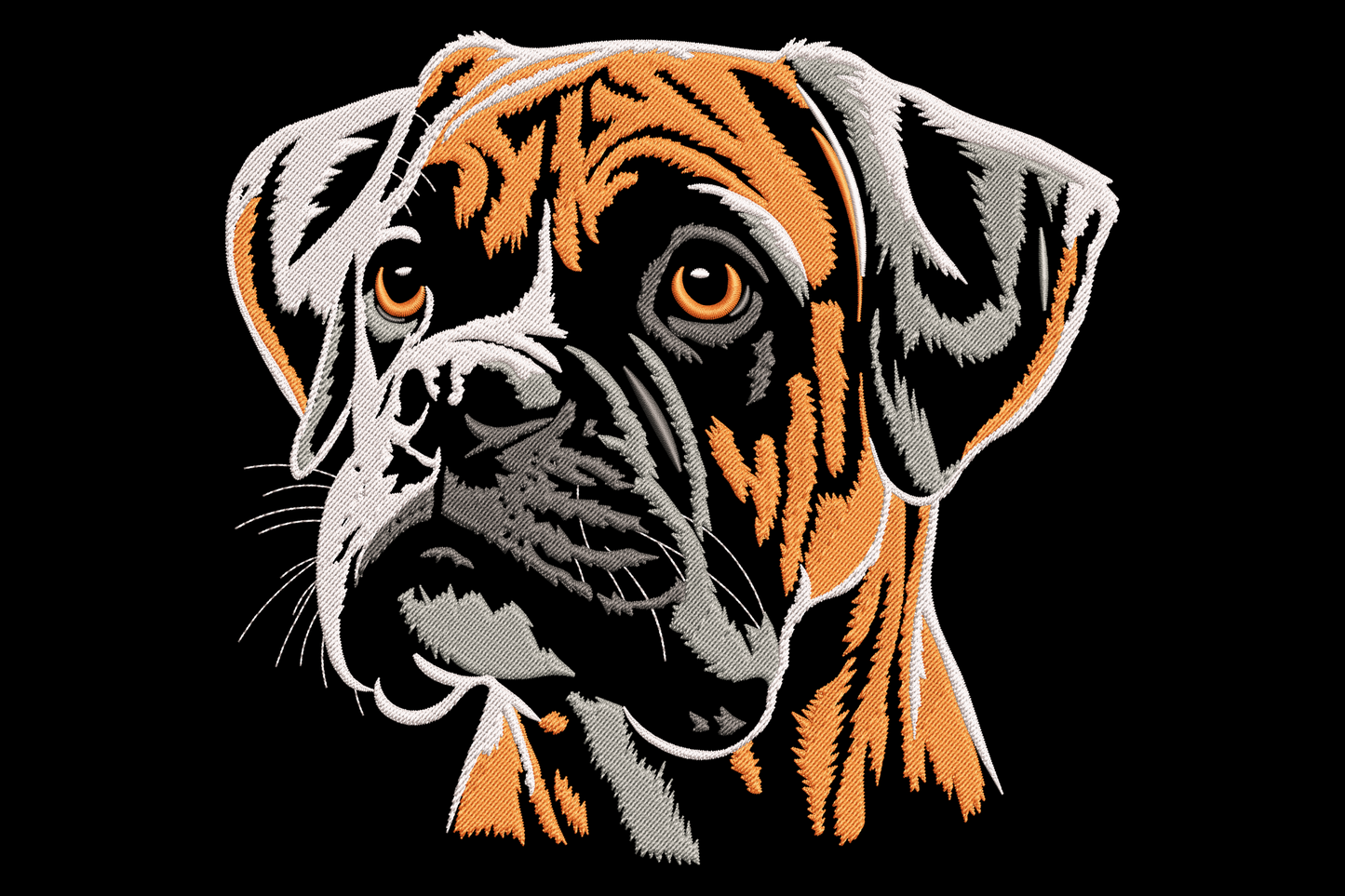 Realistic boxer dog face embroidery with burnt orange coat, amber eyes, cream muzzle and charcoal shadow shading on black background.