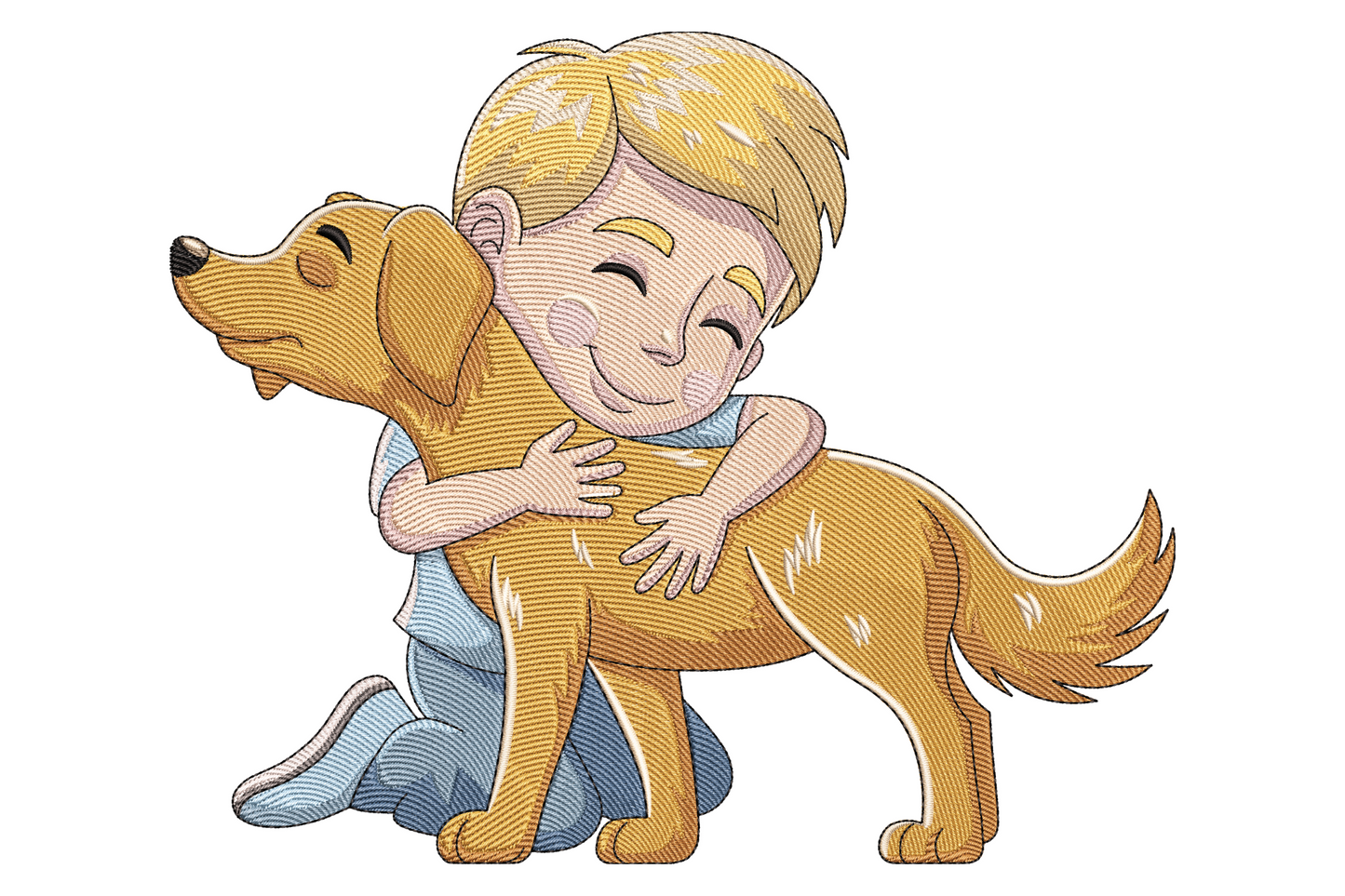Embroidered cartoon boy in blue tee hugging a golden retriever, warm tan and gold fills, sweet kid storybook look.