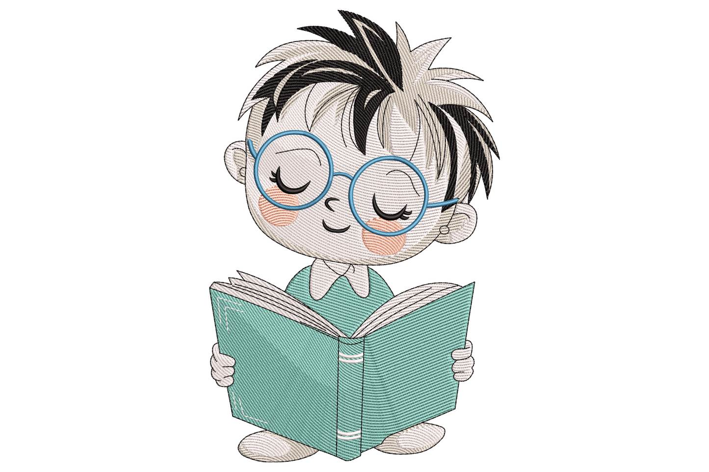 Chibi cartoon boy with round blue glasses and spiky hair reading a teal hardcover book, eyes half closed, rosy pink cheeks, black outline embroidery design.