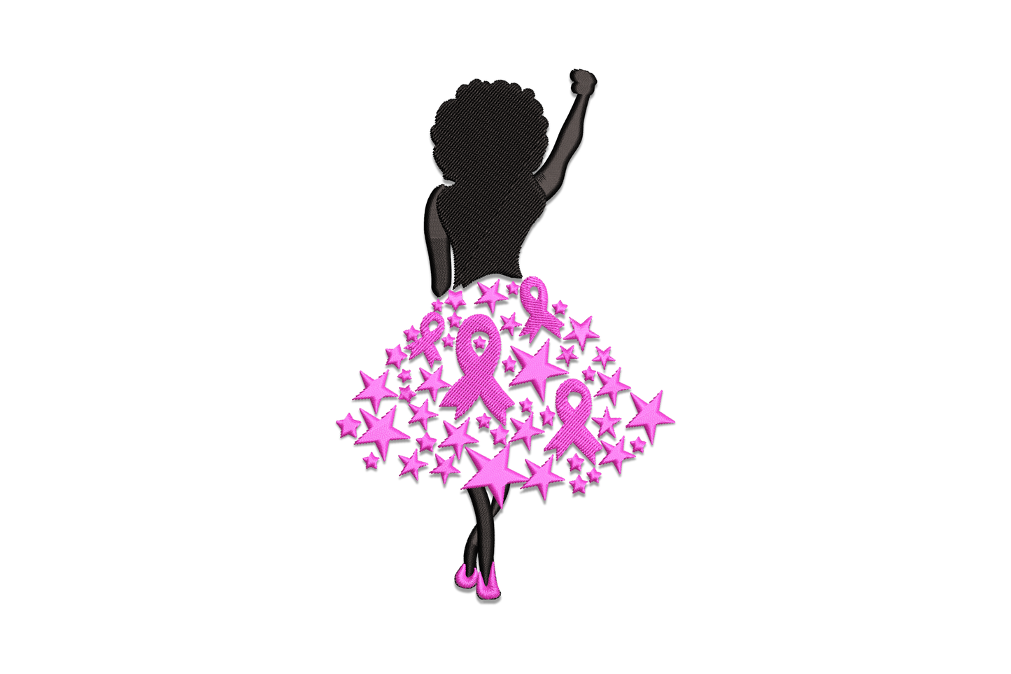 Breast cancer awareness afro girl embroidery, black silhouette woman with raised fist, hot pink ribbon and star filled skirt.