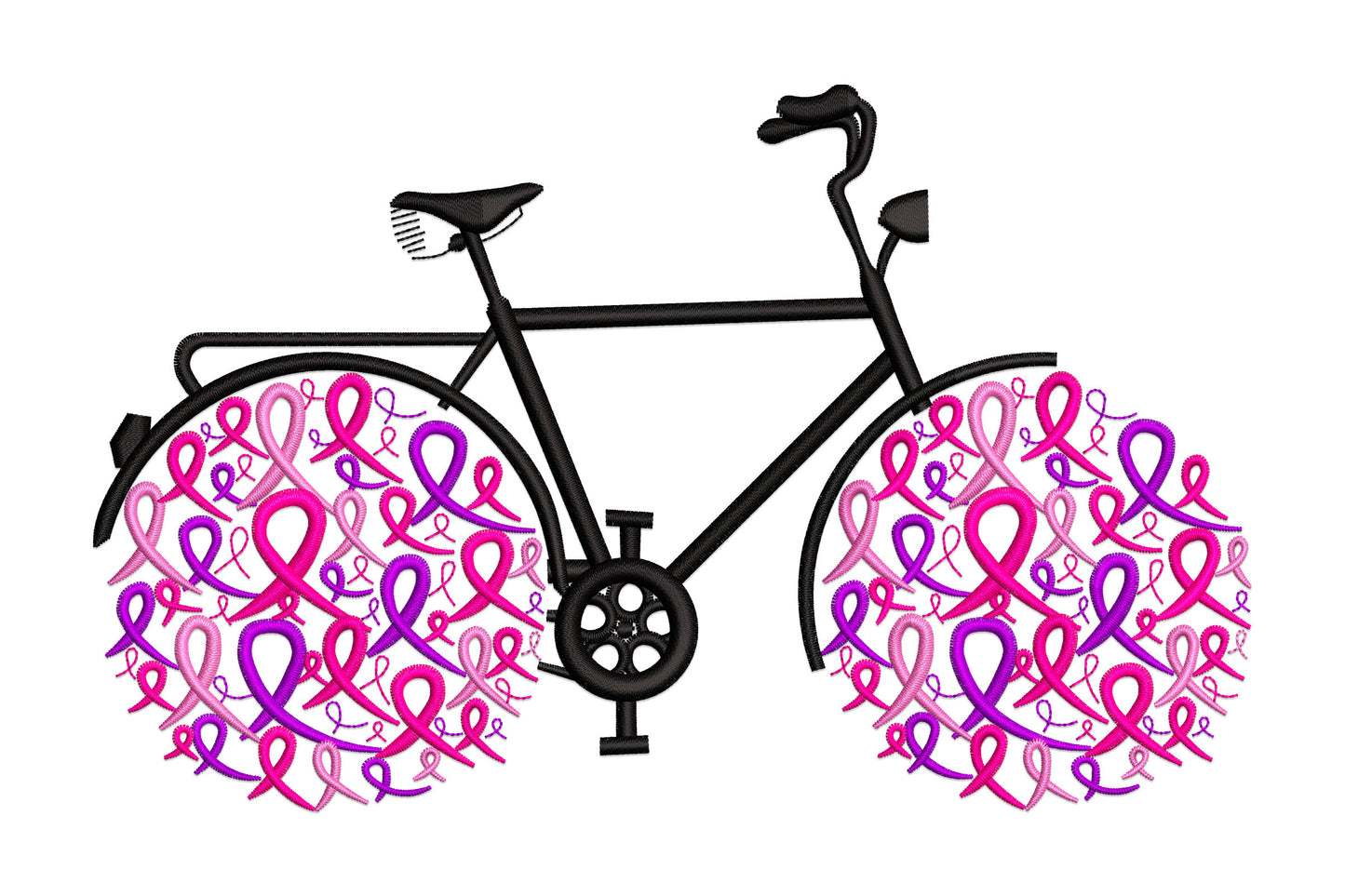 Breast cancer awareness bicycle embroidery design with both wheels formed from pink and purple awareness ribbons and clean black bicycle frame outline, 4 colours