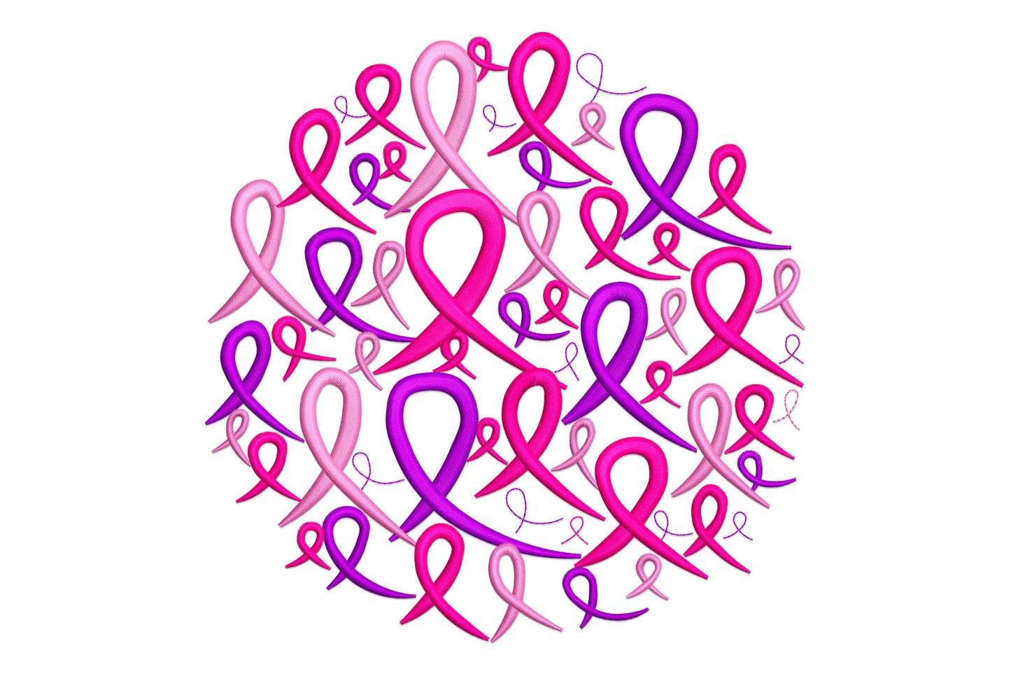 Breast cancer awareness ribbon circle embroidery design with densely packed purple, pale pink and hot pink awareness ribbons forming a solid round ball shape, 3 colours