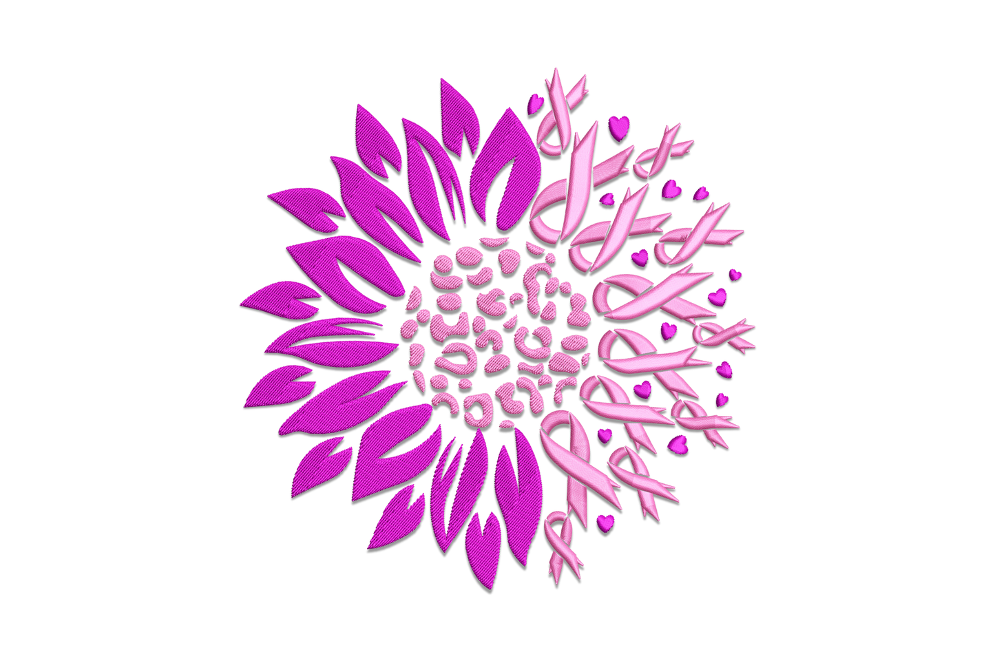 Breast cancer awareness sunflower embroidery, circular flower with pink ribbon petals in dark magenta and soft pink.