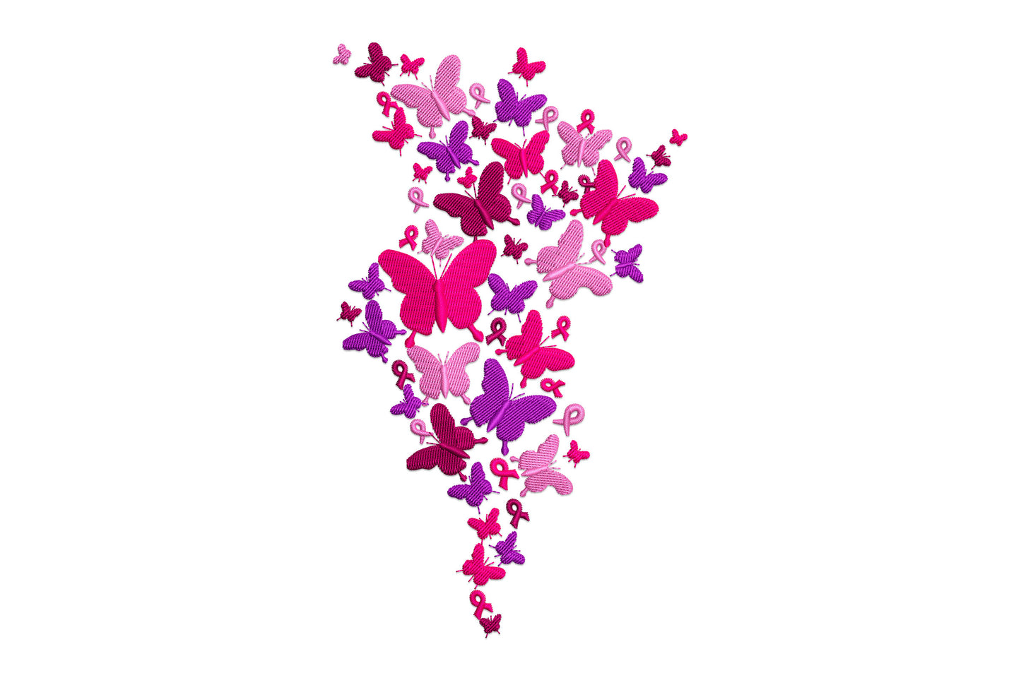 Breast cancer butterfly awareness embroidery design with scattered pink and purple butterflies and awareness ribbons in a vertical cluster, 4 colours