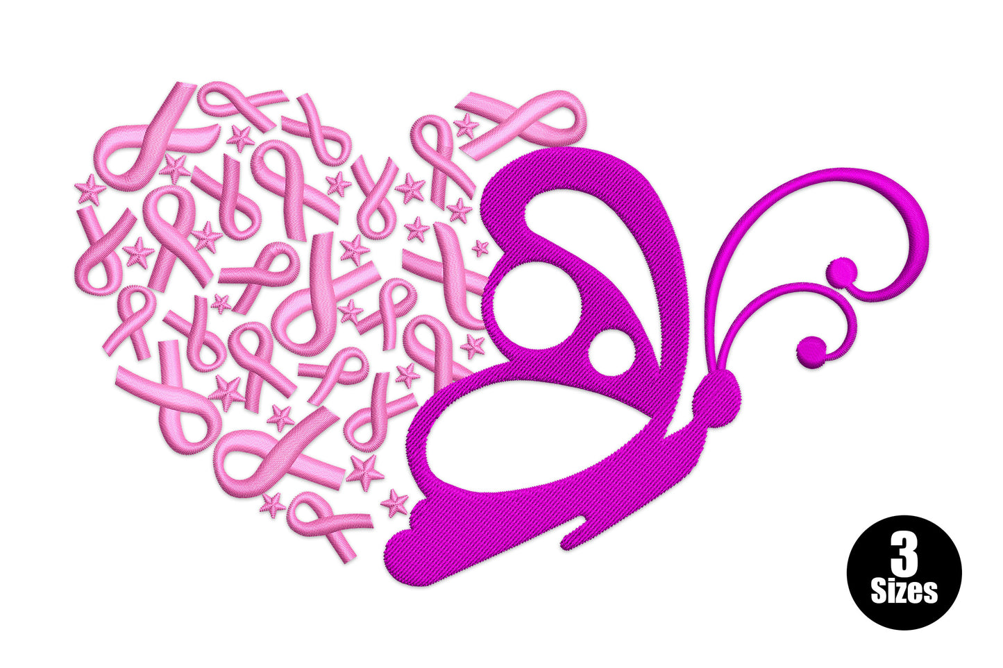 Breast cancer awareness split heart embroidery in pink ribbons and dark magenta butterfly outline