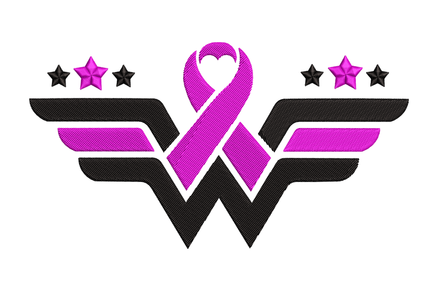 Magenta awareness ribbon rising through black eagle wings with four small stars above, a wonder woman style warrior emblem.