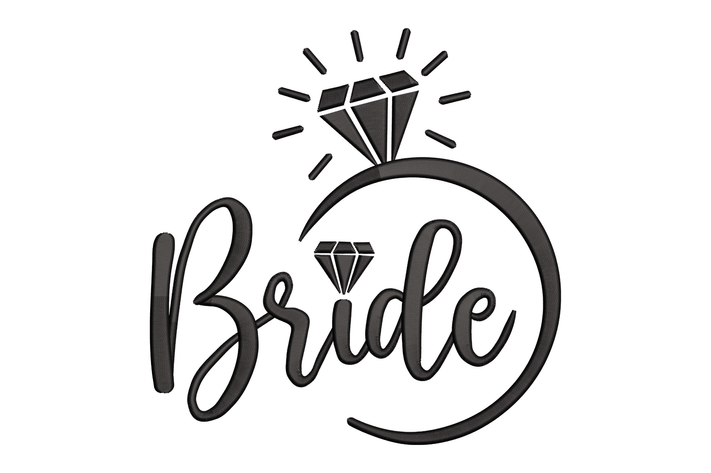 Bride diamond ring embroidery design with bold Bride lettering enclosed in a circular ring frame topped with a geometric faceted diamond, in single black thread