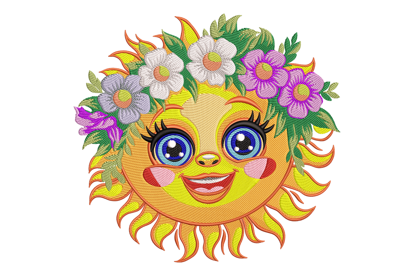 Bright smiling sun embroidery design with big blue eyes, rosy cheeks, wide grin and a flower crown of white daisies and lavender purple blooms on golden rays.